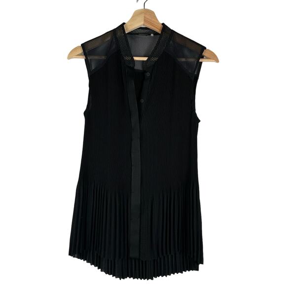 Elie Tahari Bonnie Pleated Chifon Black Sleeveless V-Neck Blouse Womens Size S - Picture 1 of 16
